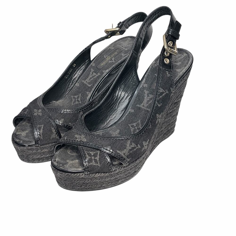 Louis Vuitton Monogram Mini Lin Espadrille Wedge Slingback Sandal EU 38 US 7.5